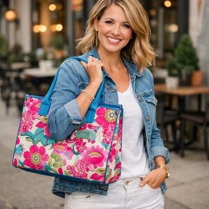 Trina Turk Marjorelle Garden Stripe Tote Floral Designer Bag New